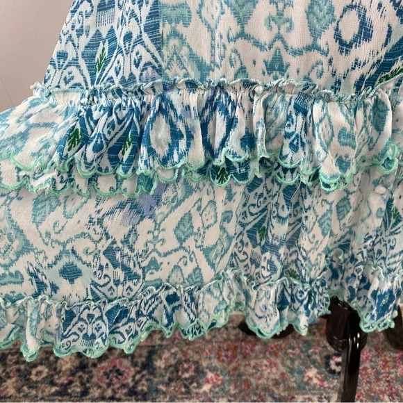 Miss June Paris Blue Green White Ikat Print Long Sleeve Embroidered Ruffle Dress - Picture 3 of 16